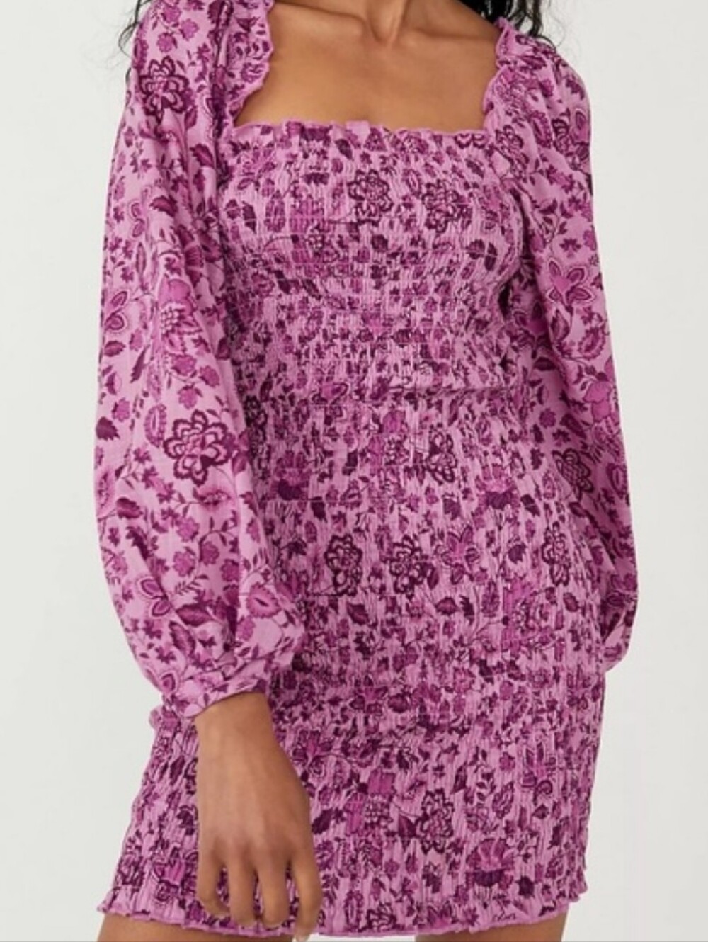 Free People Purple Floral Smocked Long-Sleeve Smock It To Me Mini Dress